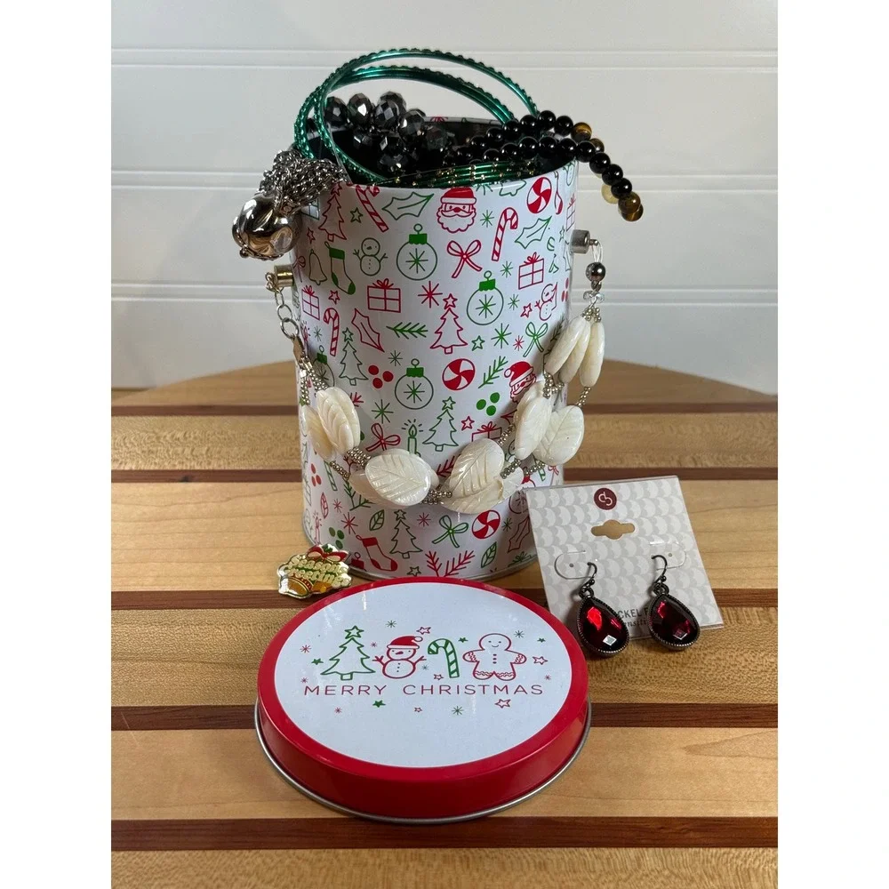Christmas Tin With Jewelry Bangles Necklace‎ Earrings Brooch